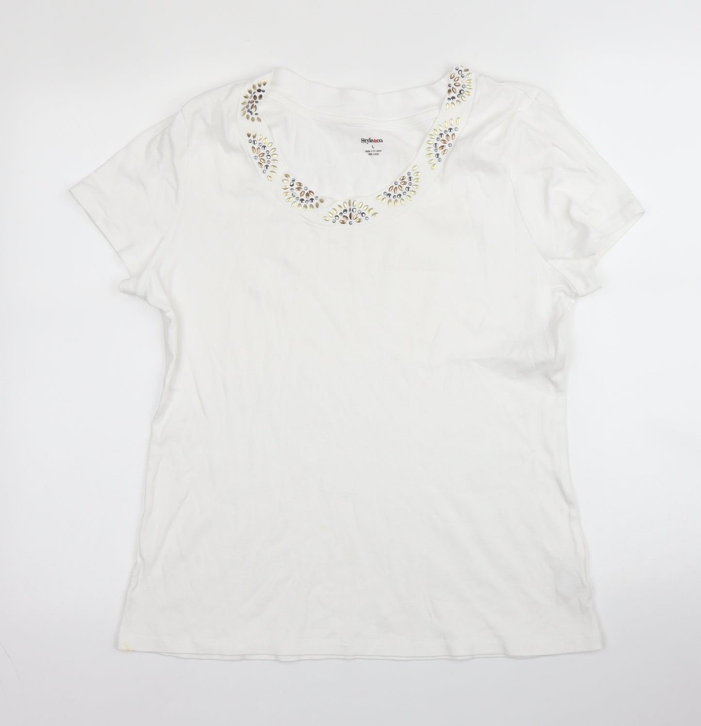 Style & Co Womens White  Cotton Basic Blouse Size L Round Neck