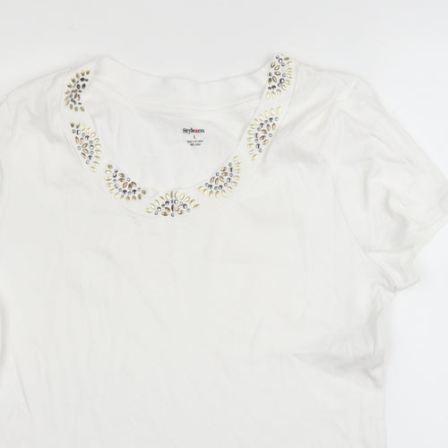 Style & Co Womens White  Cotton Basic Blouse Size L Round Neck