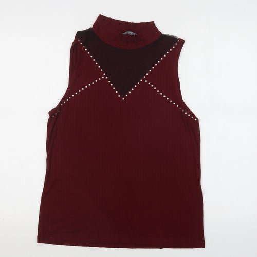 Select Womens Red  Polyester Basic Blouse Size L Mock Neck - Lace Detail