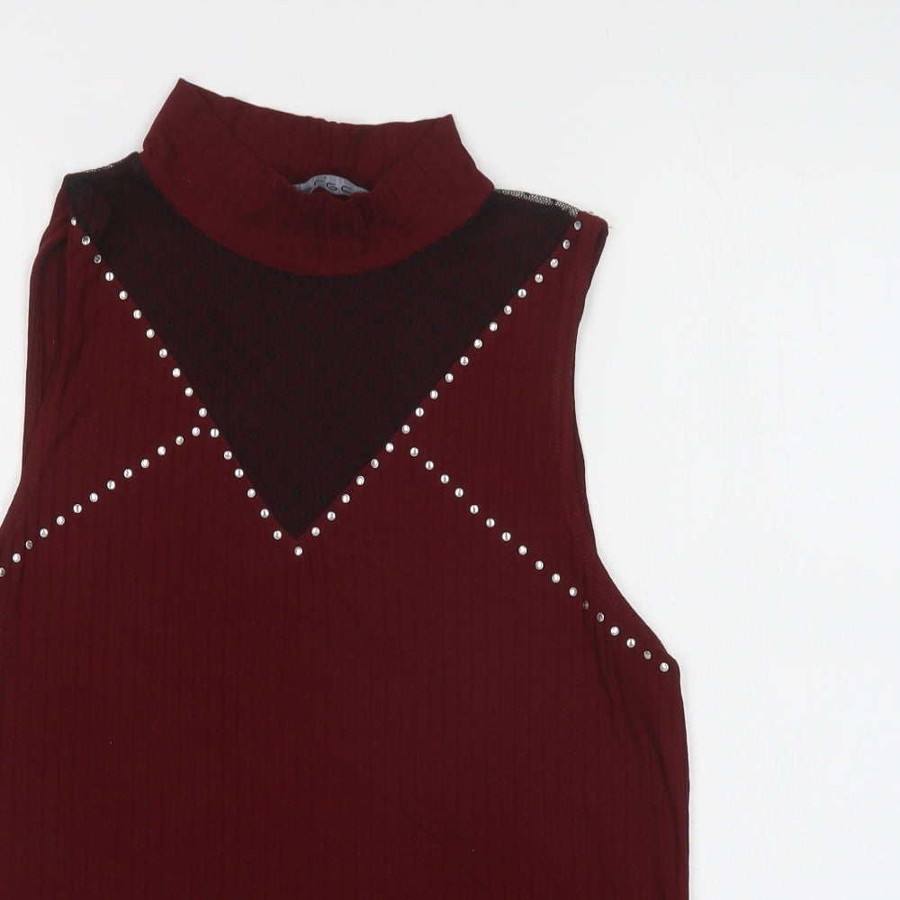 Select Womens Red  Polyester Basic Blouse Size L Mock Neck - Lace Detail