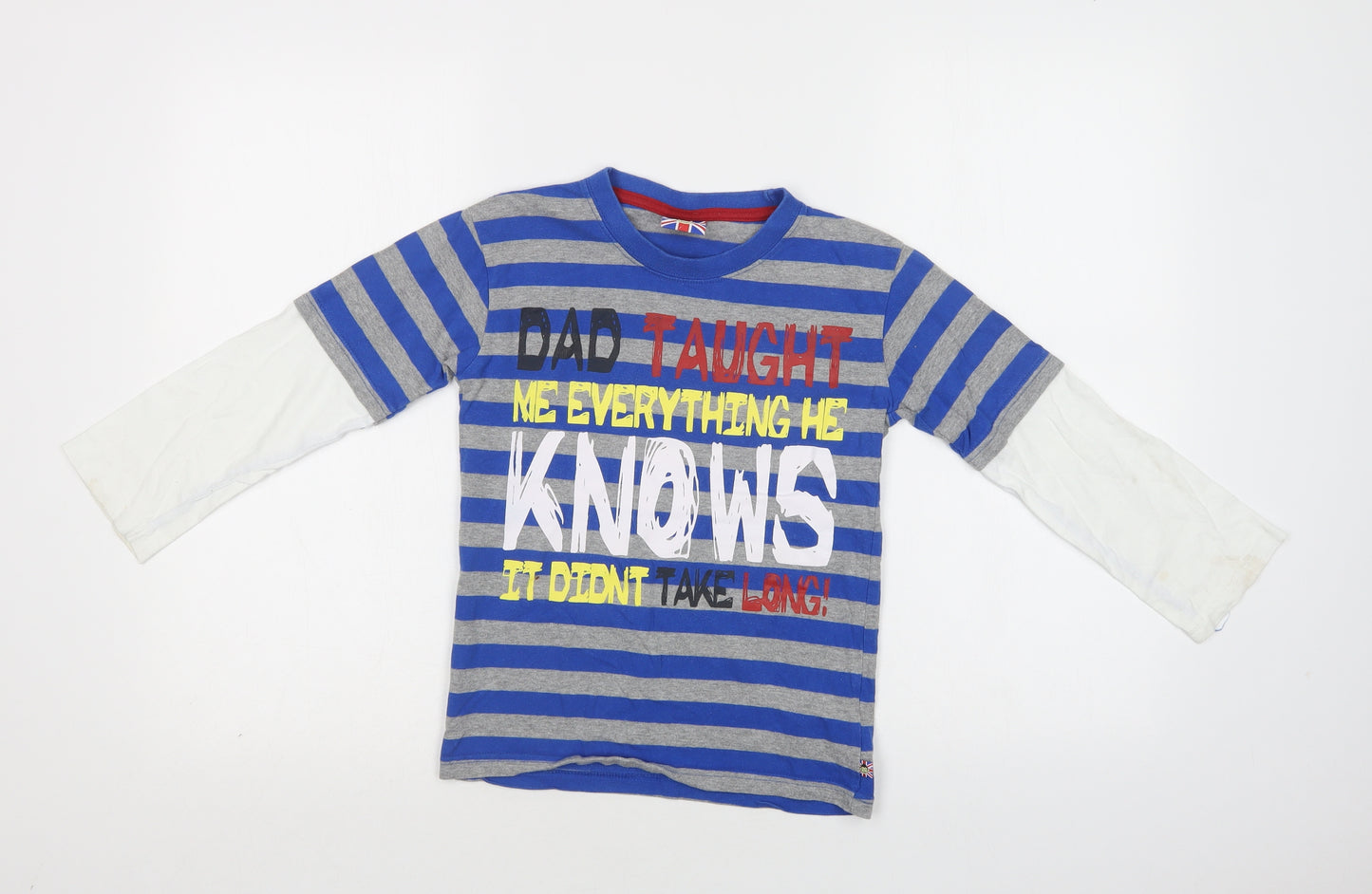 Cheeky Monkey Boys Blue Striped Cotton Basic T-Shirt Size 7 Years Crew Neck