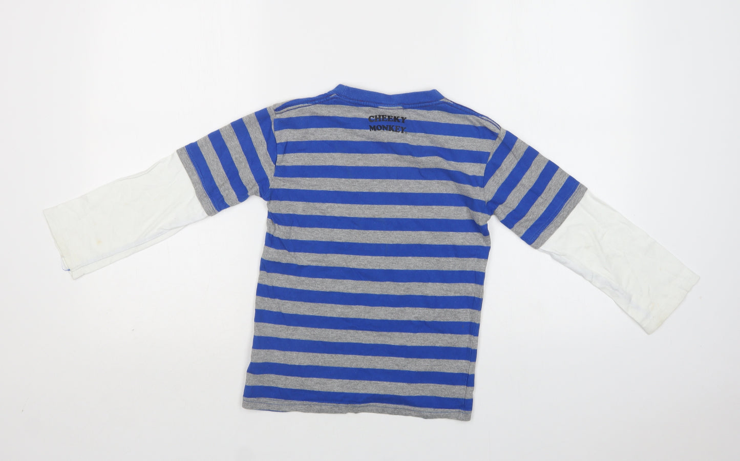 Cheeky Monkey Boys Blue Striped Cotton Basic T-Shirt Size 7 Years Crew Neck