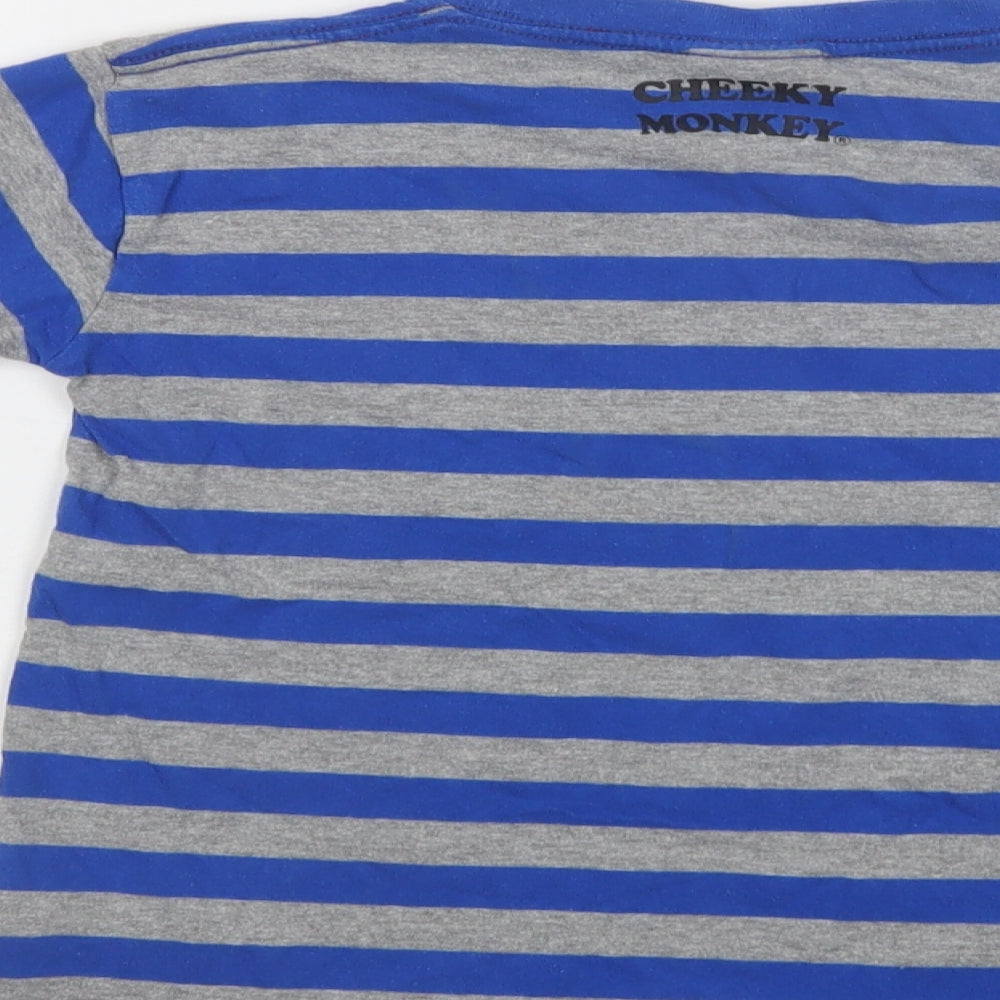 Cheeky Monkey Boys Blue Striped Cotton Basic T-Shirt Size 7 Years Crew Neck