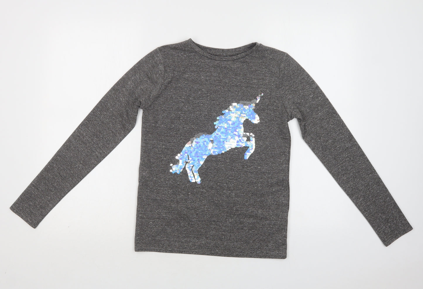 Primark Girls Grey  Polyester Basic Blouse Size 11-12 Years Crew Neck  - Unicorn