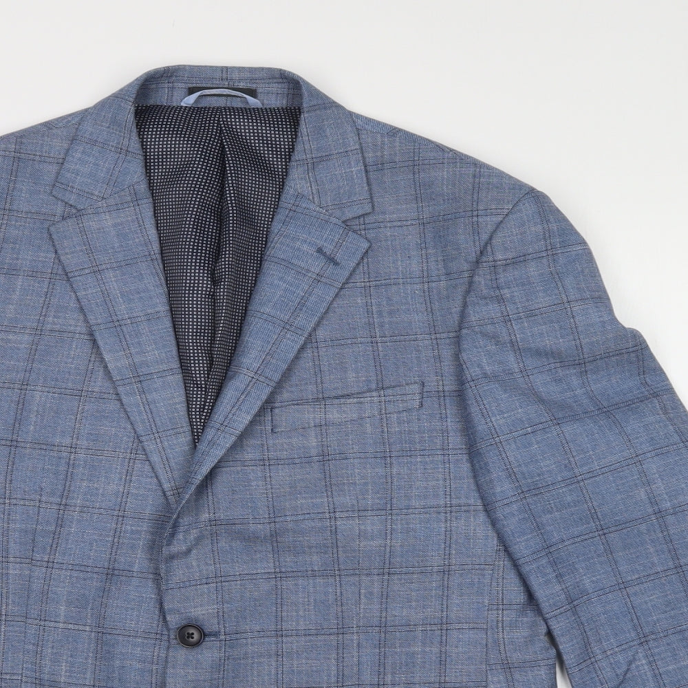 M&AS Mens Blue Check  Jacket Blazer Size 40  Button