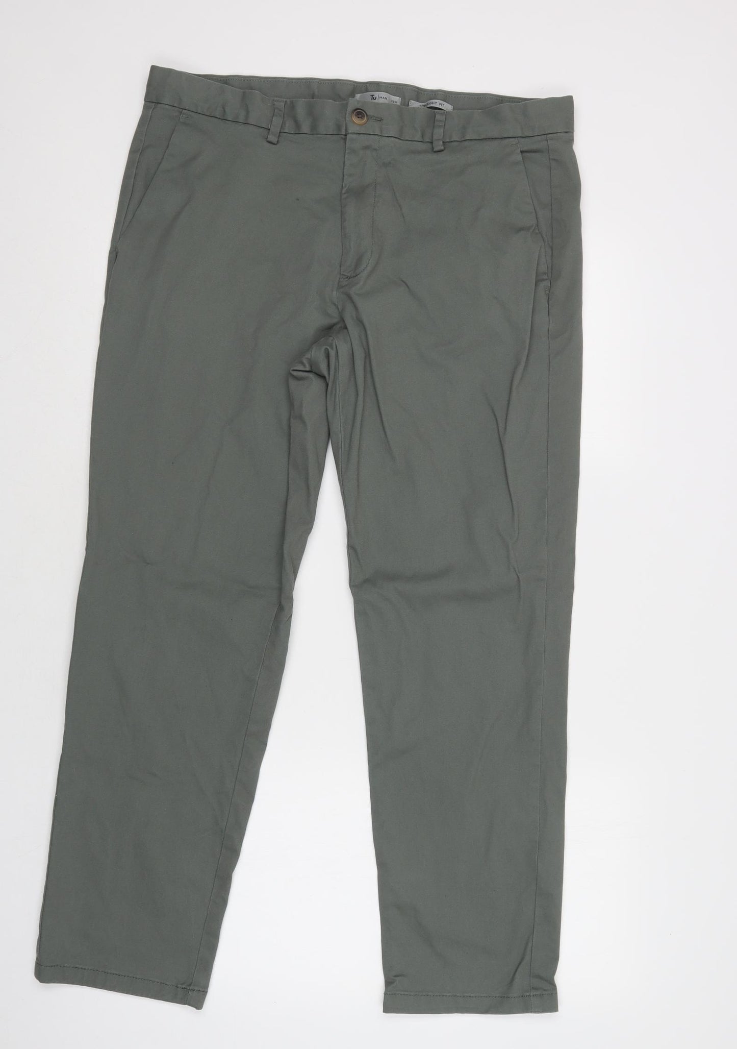 TU Mens Green  Cotton Chino Trousers Size 36 L30 in Regular Button