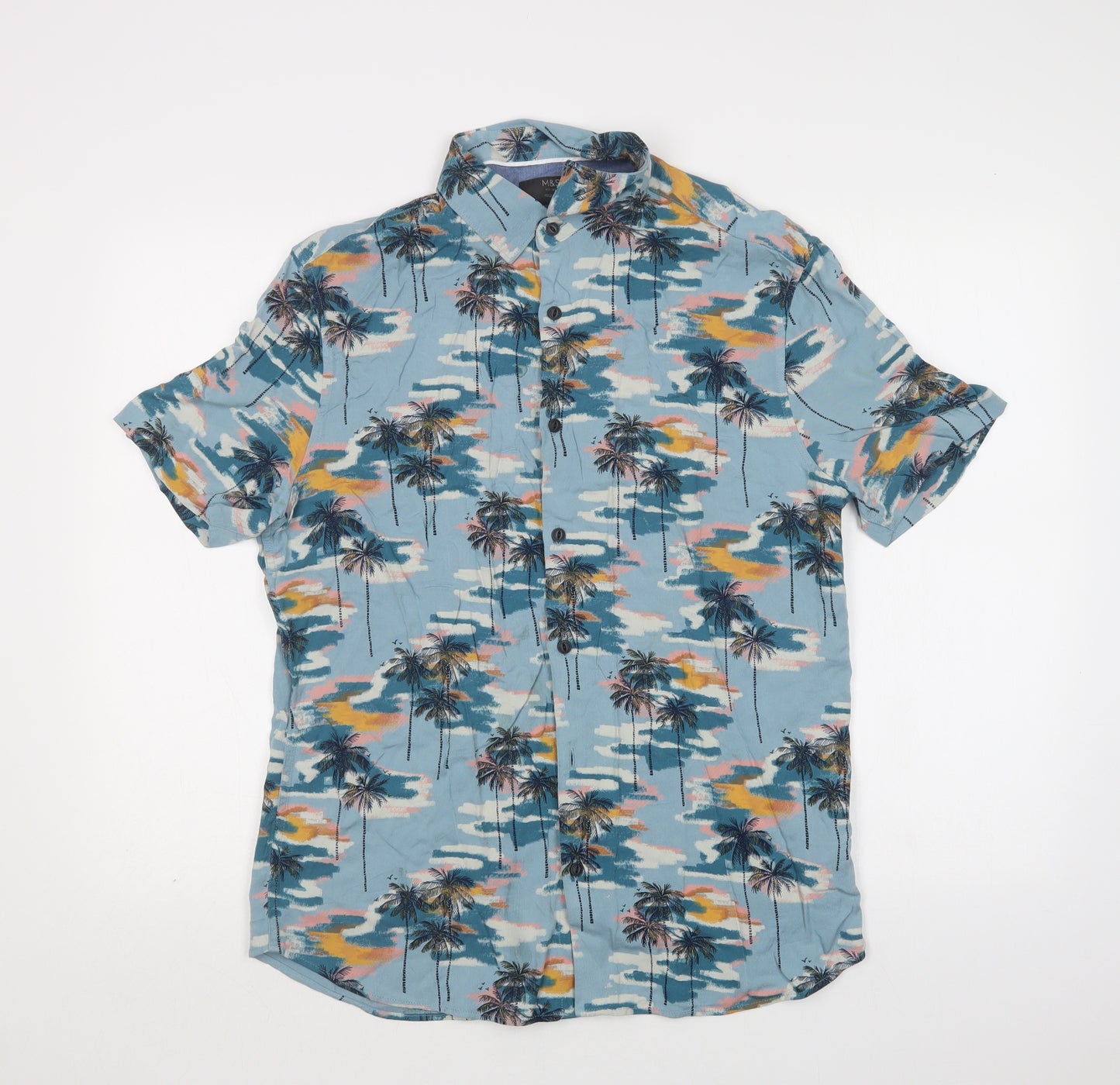 M&S Mens Blue Floral Viscose  Button-Up Size L Collared Button - Palm Tree