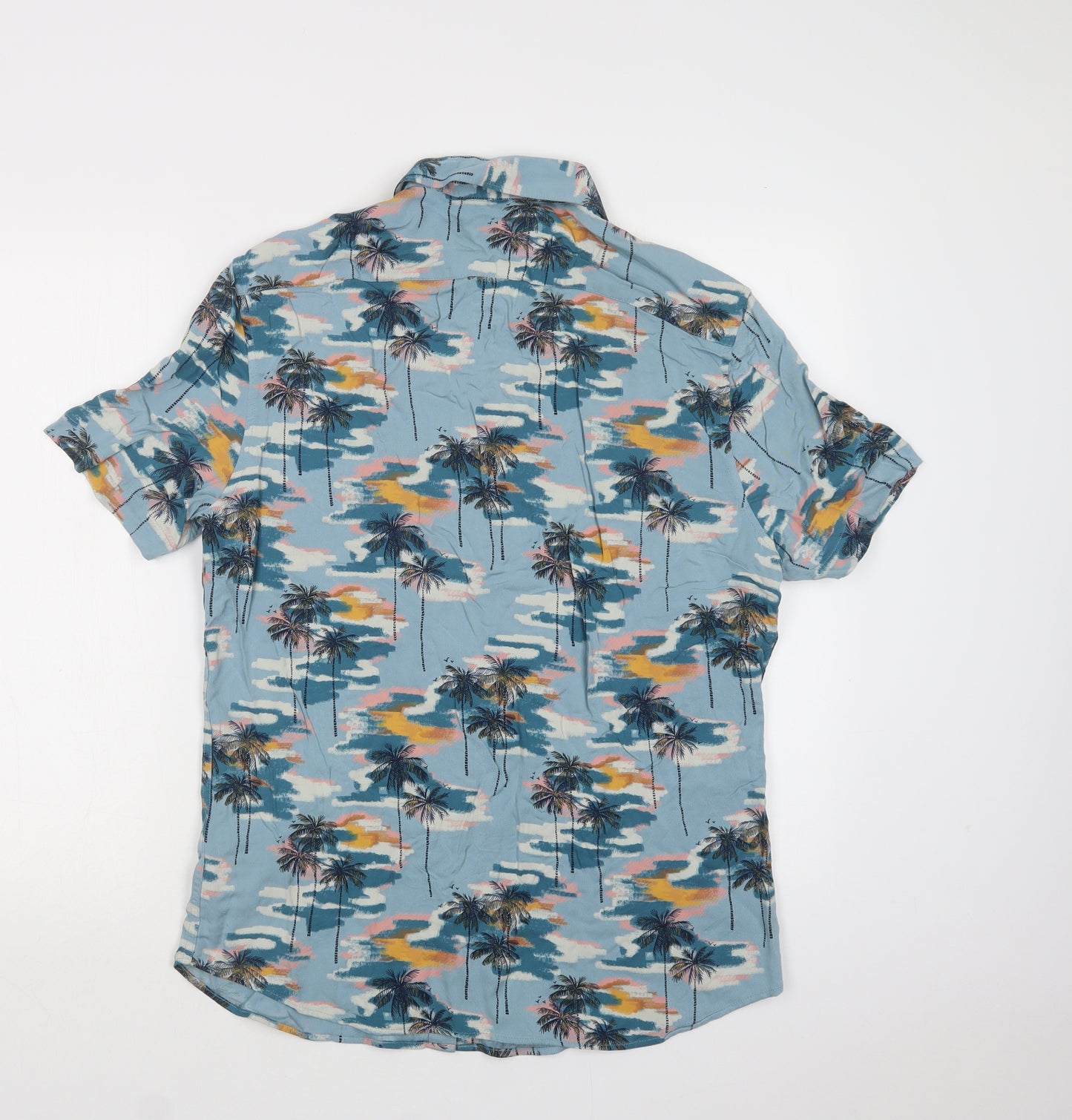 M&S Mens Blue Floral Viscose  Button-Up Size L Collared Button - Palm Tree