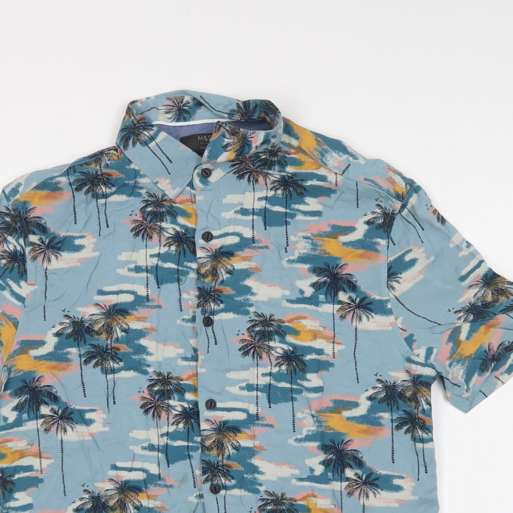 M&S Mens Blue Floral Viscose  Button-Up Size L Collared Button - Palm Tree