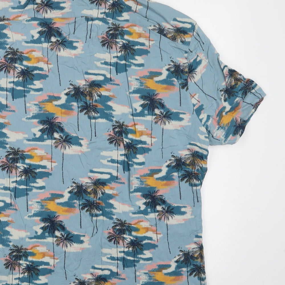 M&S Mens Blue Floral Viscose  Button-Up Size L Collared Button - Palm Tree