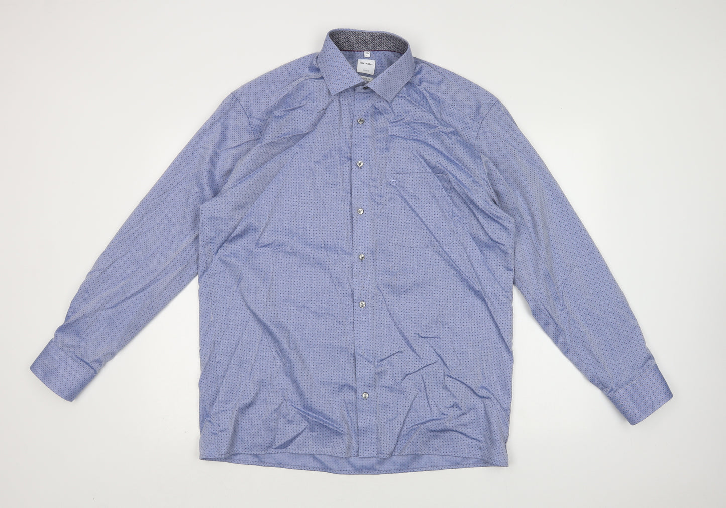 Olymp Mens Blue Polka Dot Cotton  Dress Shirt Size 16 Collared Button