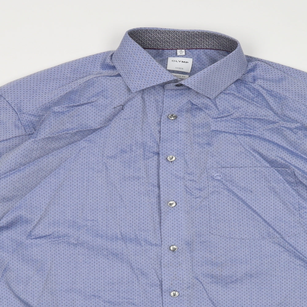 Olymp Mens Blue Polka Dot Cotton  Dress Shirt Size 16 Collared Button