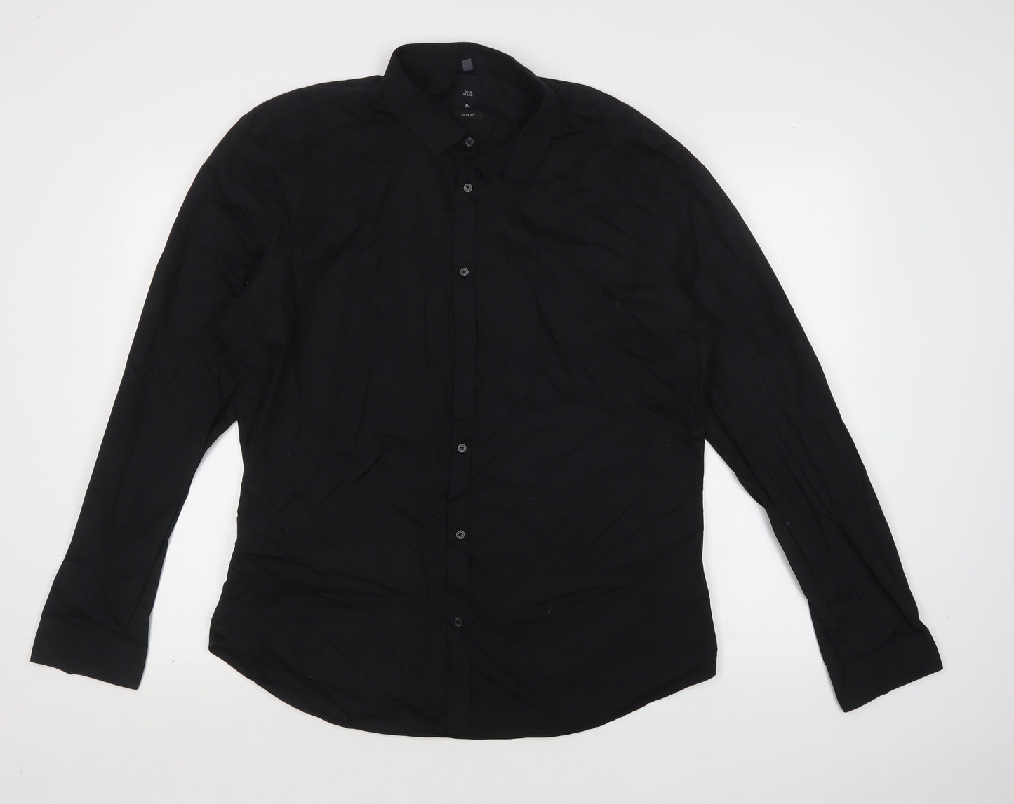 River Island Mens Black  Cotton  Dress Shirt Size XL Collared Button