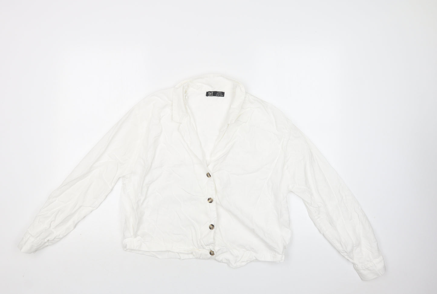 Zara Womens White  Lyocell Basic Button-Up Size L Collared