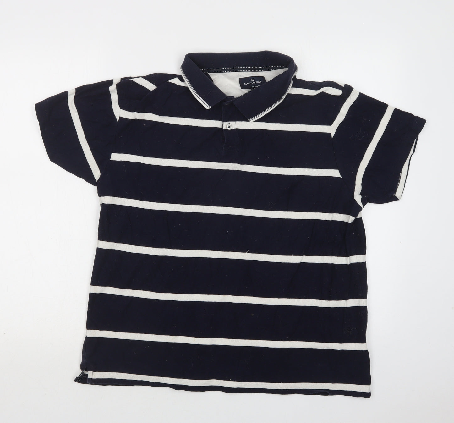 M&S Mens Blue Striped Cotton  Polo Size L Collared Button