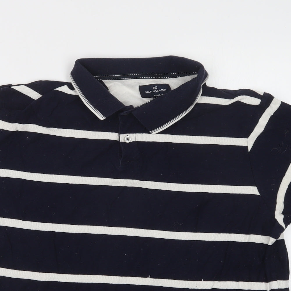 M&S Mens Blue Striped Cotton  Polo Size L Collared Button