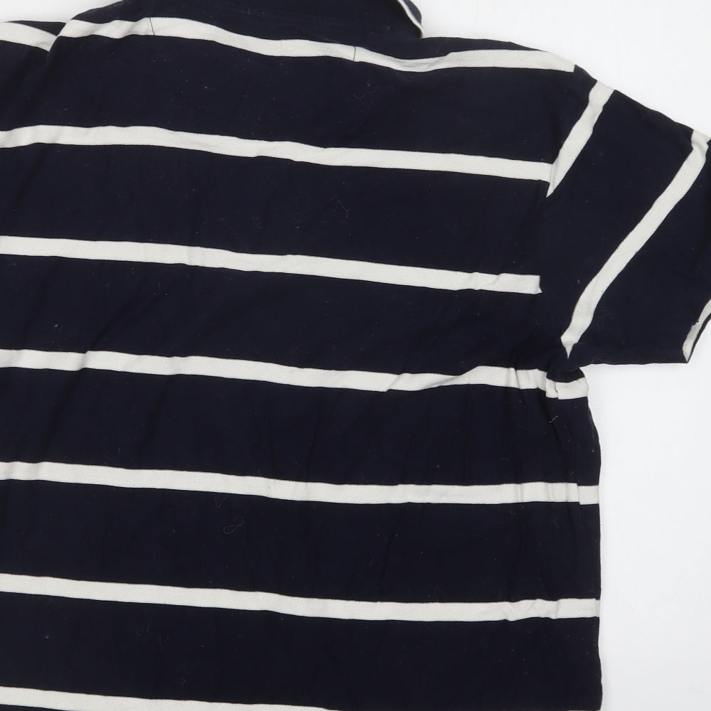 M&S Mens Blue Striped Cotton  Polo Size L Collared Button