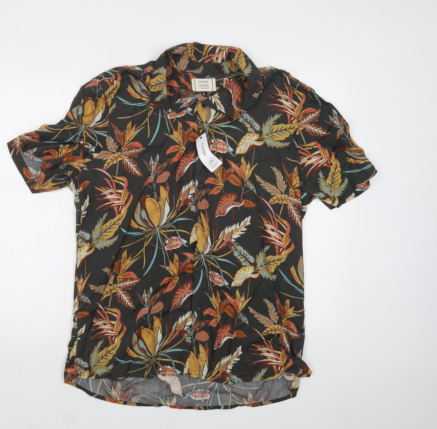 George Mens Green Floral Viscose  Button-Up Size L Collared Button