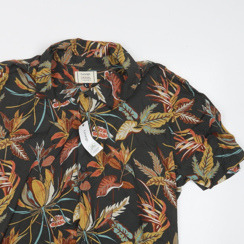 George Mens Green Floral Viscose  Button-Up Size L Collared Button