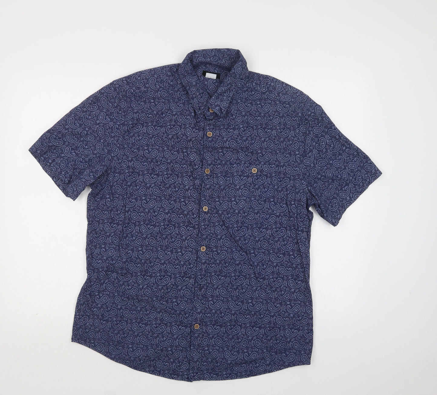 F&F Mens Blue Paisley Cotton  Button-Up Size L Collared Button