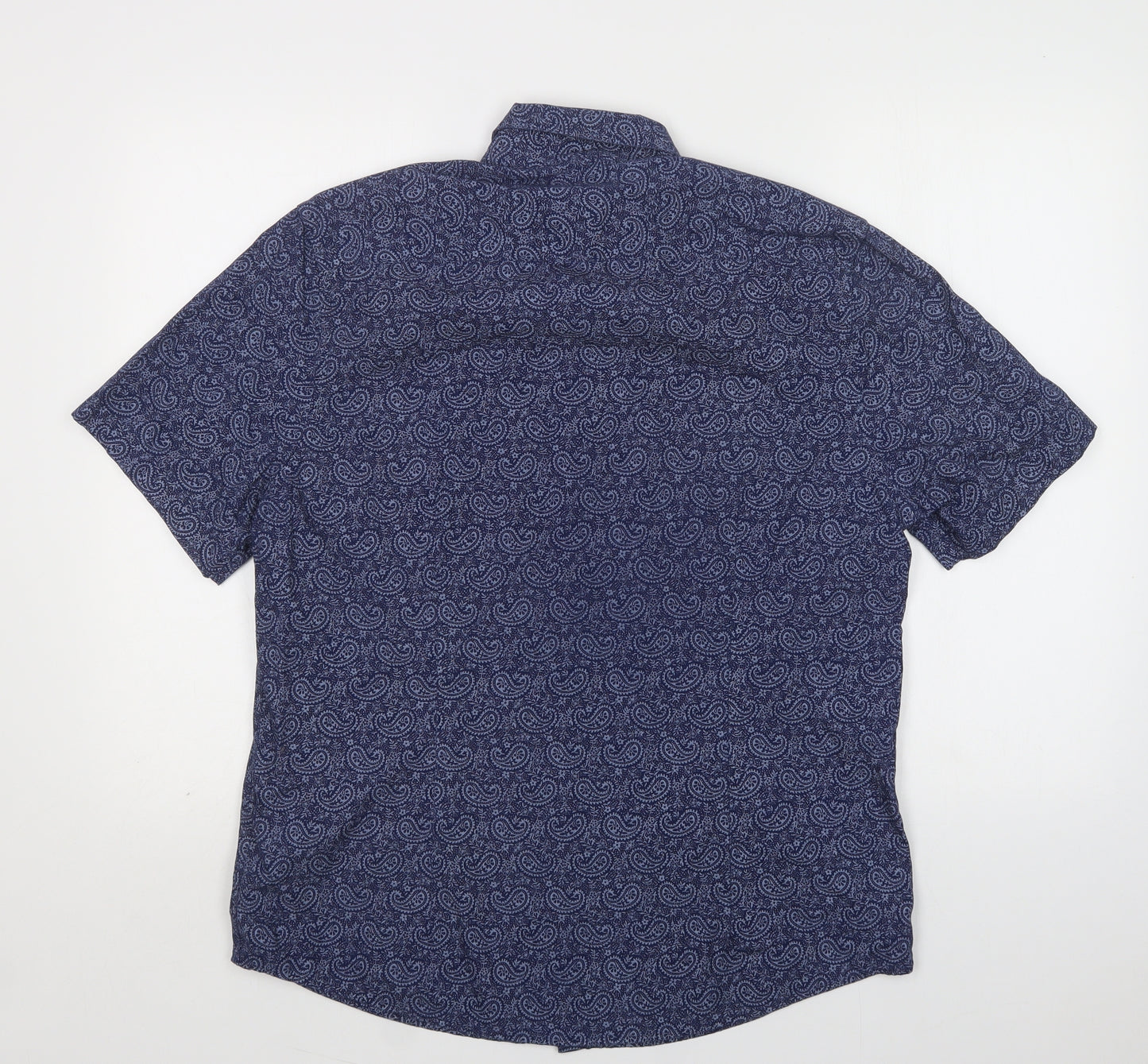 F&F Mens Blue Paisley Cotton  Button-Up Size L Collared Button