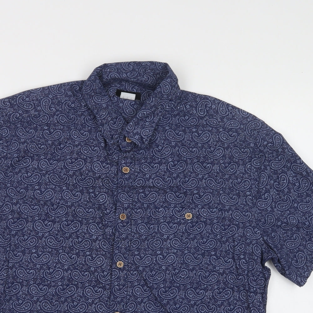 F&F Mens Blue Paisley Cotton  Button-Up Size L Collared Button