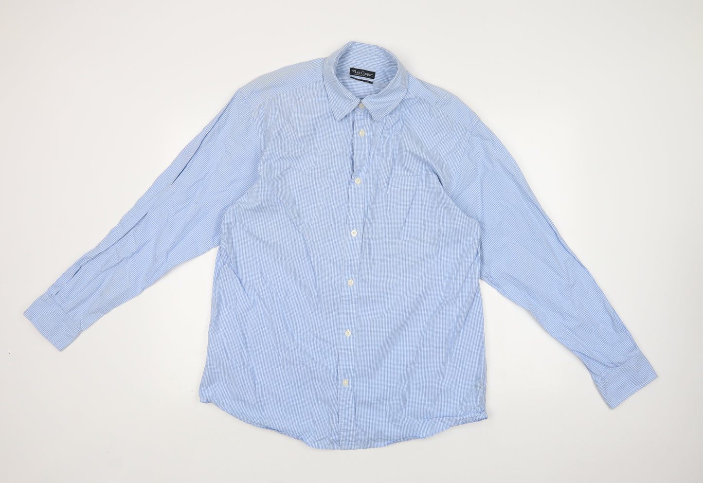 Lee Cooper Mens Blue Check Cotton  Button-Up Size L Collared Button