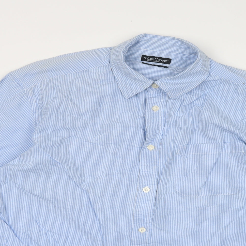 Lee Cooper Mens Blue Check Cotton  Button-Up Size L Collared Button