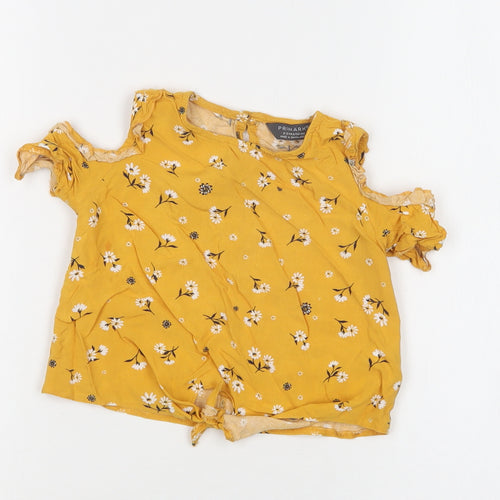Primark Girls Yellow Floral Viscose Basic Blouse Size 2-3 Years Crew Neck Button