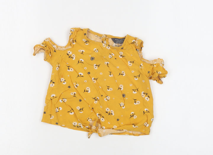 Primark Girls Yellow Floral Viscose Basic Blouse Size 2-3 Years Crew Neck Button