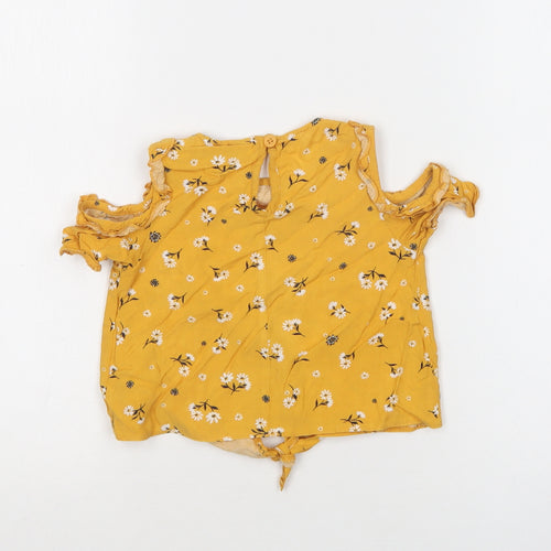 Primark Girls Yellow Floral Viscose Basic Blouse Size 2-3 Years Crew Neck Button