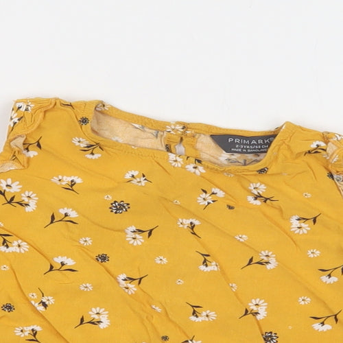 Primark Girls Yellow Floral Viscose Basic Blouse Size 2-3 Years Crew Neck Button
