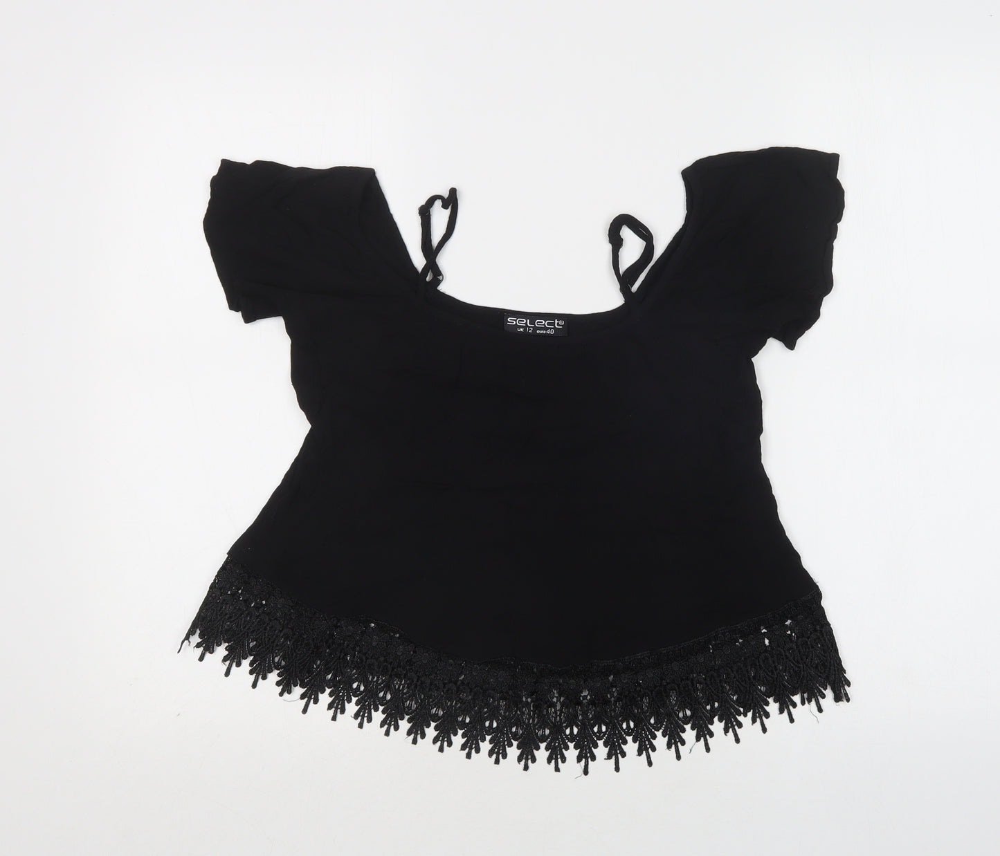 Select Womens Black  Polyester Basic Blouse Size 12 Square Neck - Lace Detail