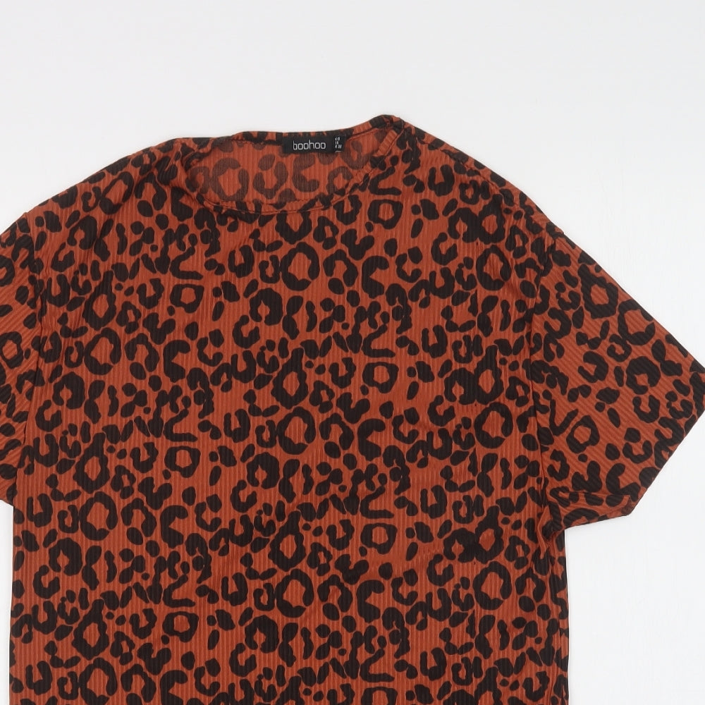 Boohoo Womens Brown Animal Print Polyester Basic Blouse Size 10 Crew Neck