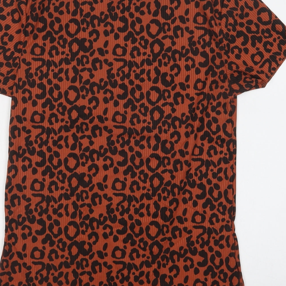 Boohoo Womens Brown Animal Print Polyester Basic Blouse Size 10 Crew Neck