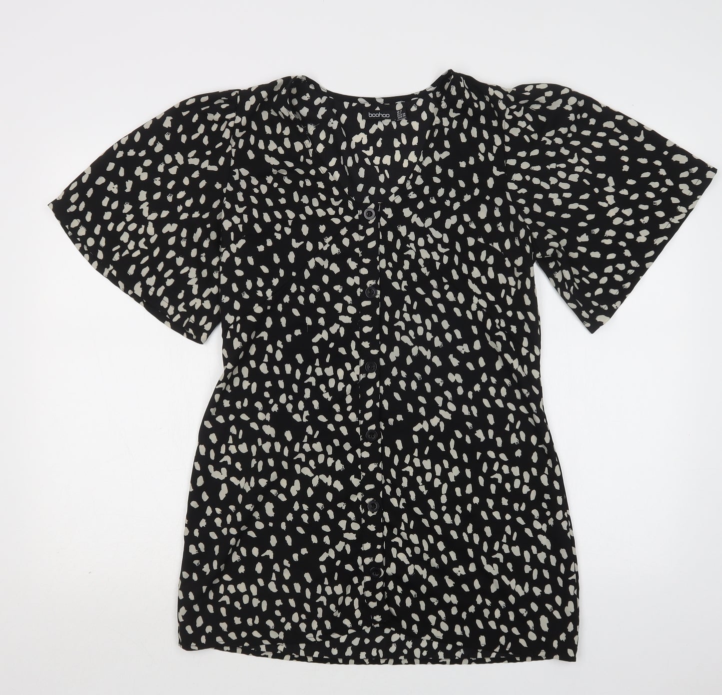 Boohoo Womens Black Animal Print Polyester Basic Blouse Size 10 Scoop Neck