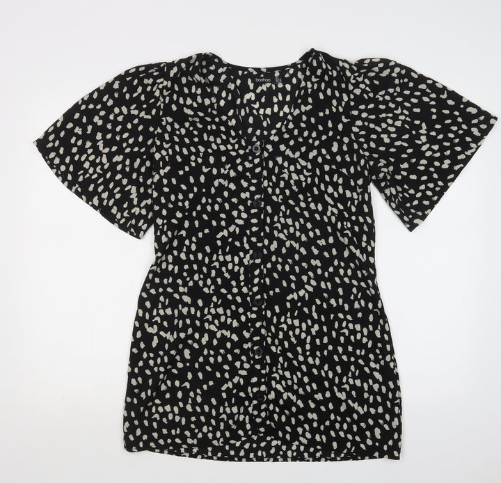 Boohoo Womens Black Animal Print Polyester Basic Blouse Size 10 Scoop Neck