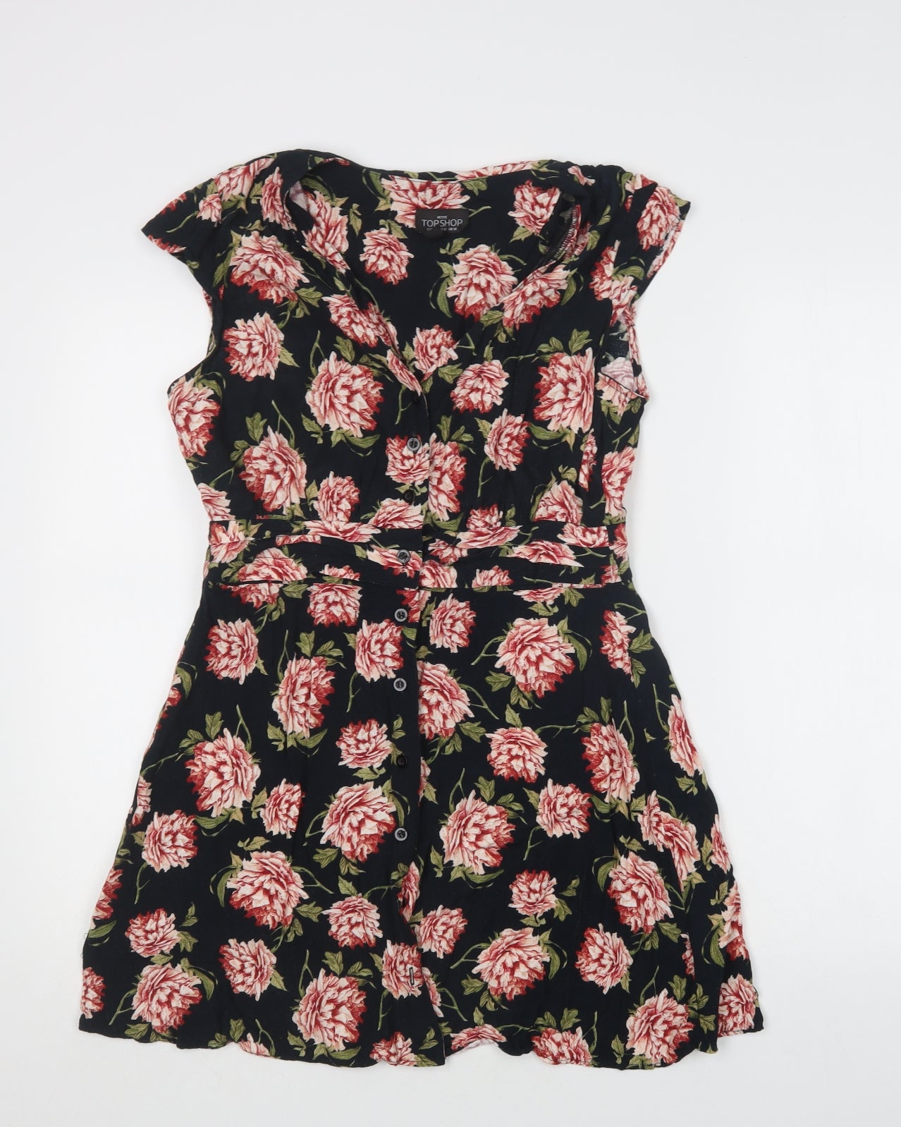 Topshop Womens Black Floral Viscose Fit & Flare  Size 14  V-Neck Button