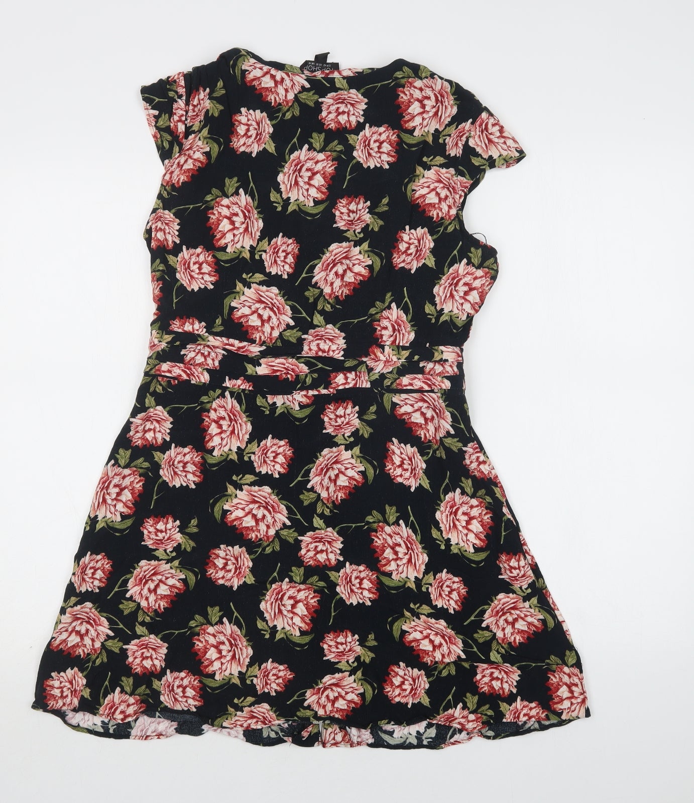 Topshop Womens Black Floral Viscose Fit & Flare  Size 14  V-Neck Button
