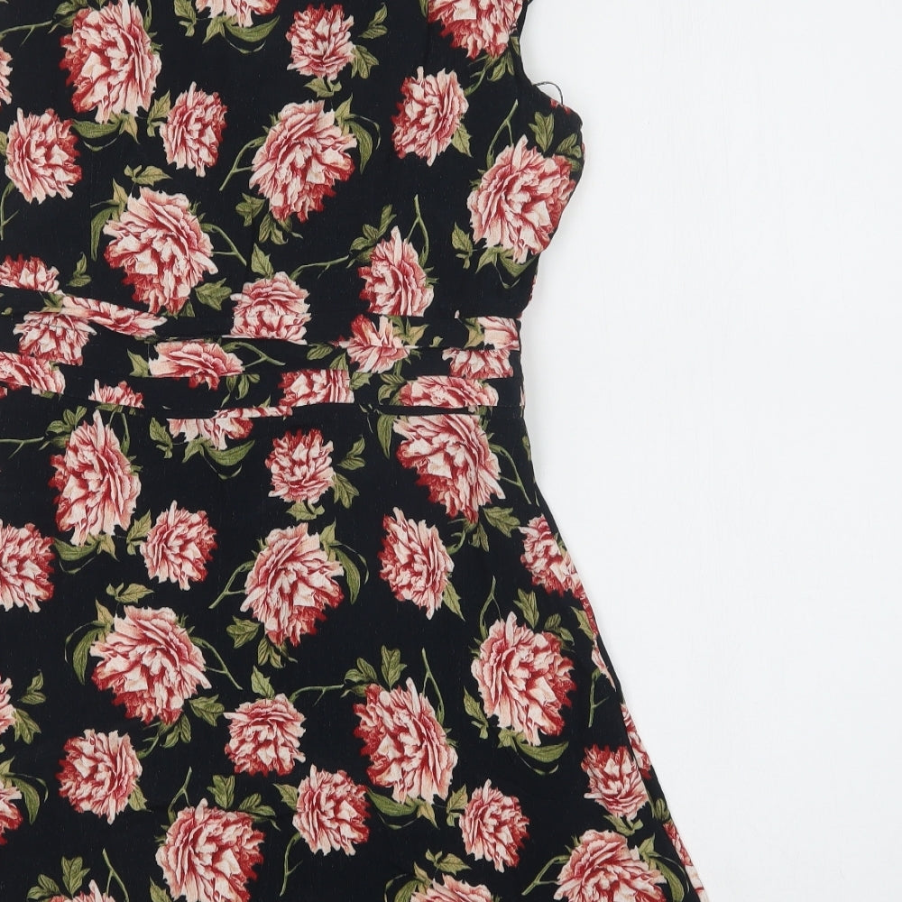 Topshop Womens Black Floral Viscose Fit & Flare  Size 14  V-Neck Button