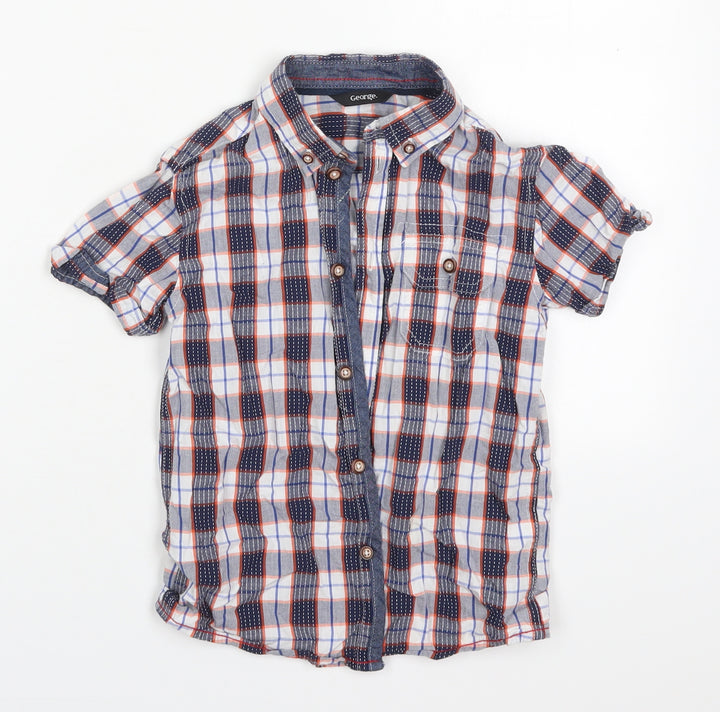 George Boys Blue Check Cotton Basic Button-Up Size 6-7 Years Collared Button - Orange