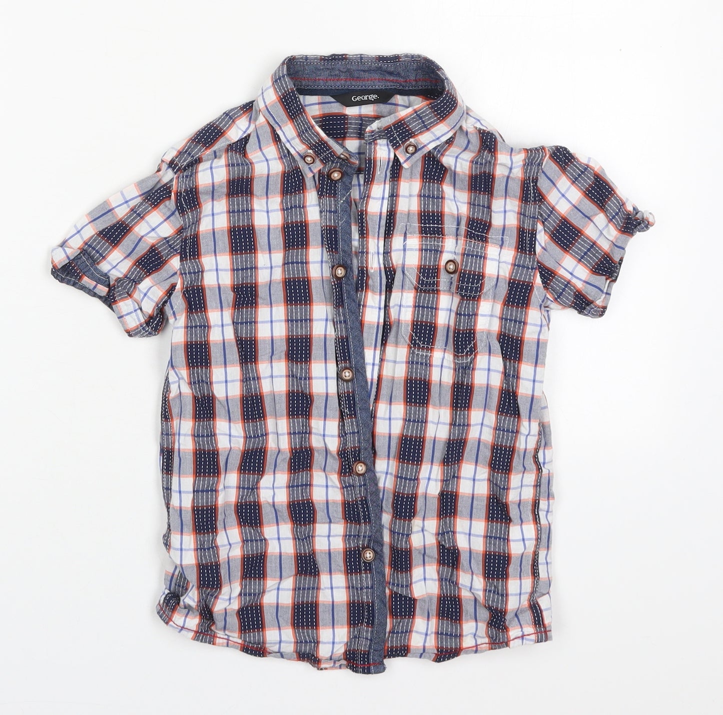 George Boys Blue Check Cotton Basic Button-Up Size 6-7 Years Collared Button - Orange