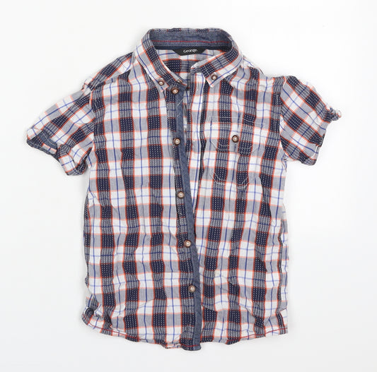 Front view of George boys’ blue check cotton basic button-up, size 6-7, years collared button - orange