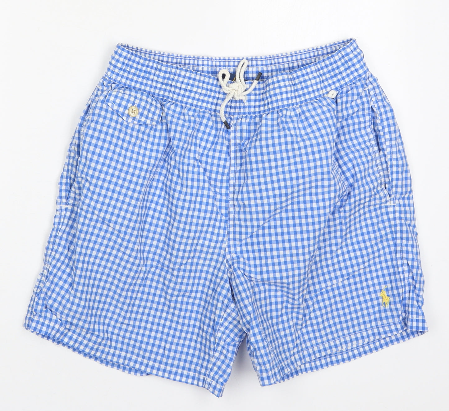Ralph Lauren Mens Blue Check Cotton Bermuda Shorts Size M L6 in Regular Drawstring