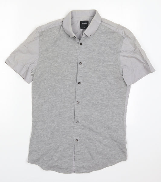 Front view of Burton men’s grey cotton button-up, size S, collared button