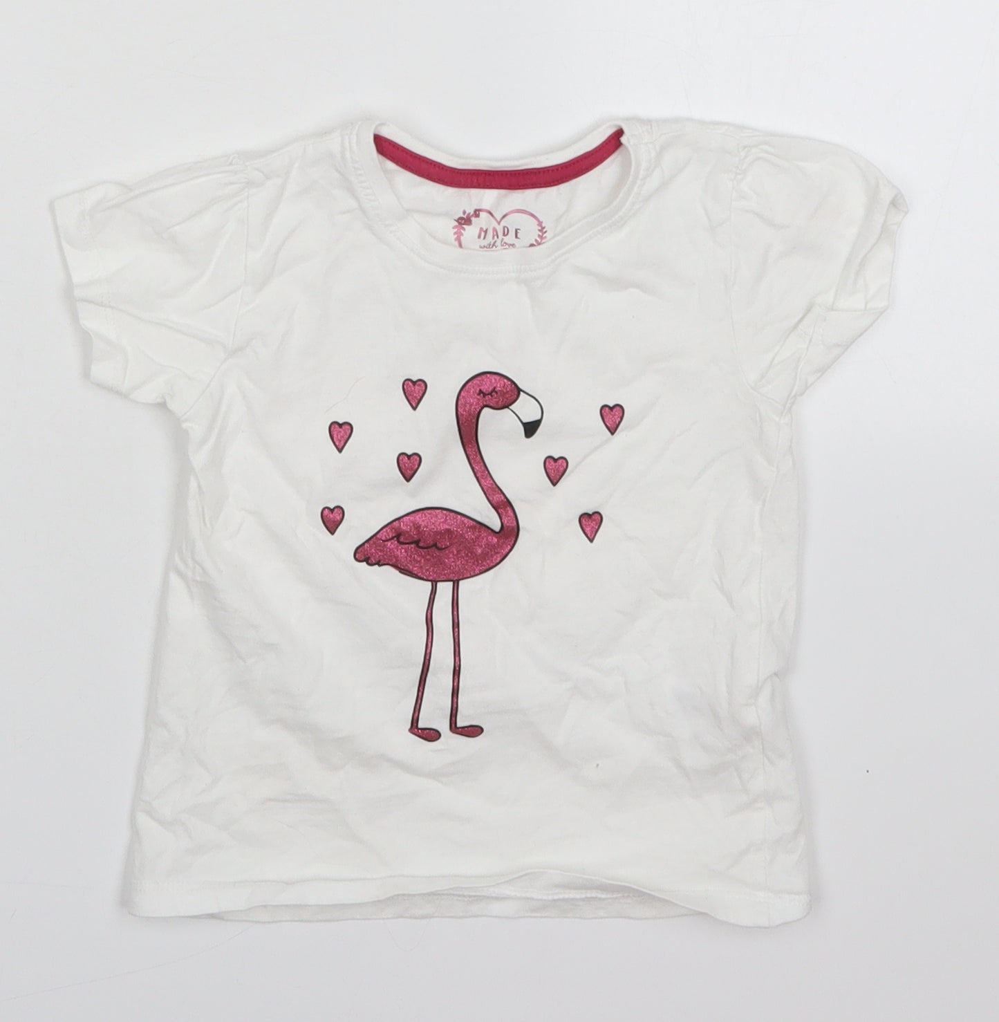 Primark Girls White  Cotton Basic T-Shirt Size 2-3 Years Crew Neck Pullover - Flamingo