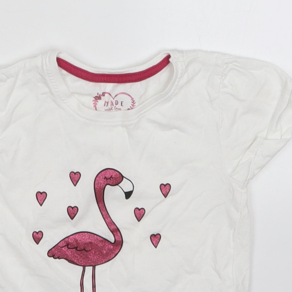 Primark Girls White  Cotton Basic T-Shirt Size 2-3 Years Crew Neck Pullover - Flamingo