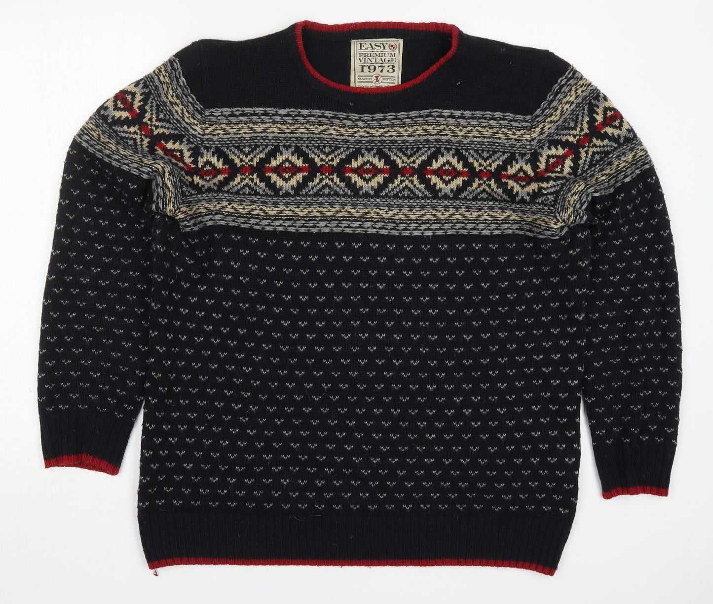 Matalan Mens Black Round Neck Fair Isle Acrylic Pullover Jumper Size L