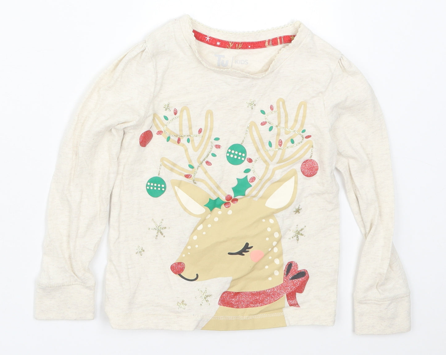 TU Girls Beige Solid Cotton Top Pyjama Top Size 4-5 Years  Pullover - Rudolph Christmas