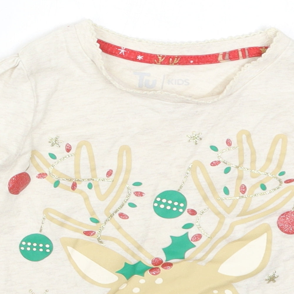TU Girls Beige Solid Cotton Top Pyjama Top Size 4-5 Years  Pullover - Rudolph Christmas